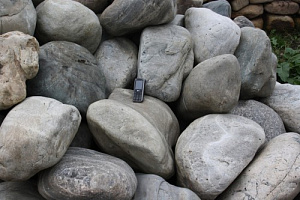 Kamenclub.ru: Речной валун Кабанчик фр.300-500 мм.  купить в Новокузнецке крупный природный камень галька серый, темно-серый речной валун галечник масштабный 7000 руб/т   фото КАМЕНЬ КЛУБ