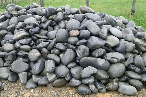 Kamenclub.ru: Темно-серый валунчик фр.100-300 мм.  купить в Новокузнецке крупный природный камень серый, темно-серый, светло-серый речная галька большого размера окатанная 4500 руб/т   фото КАМЕНЬ КЛУБ