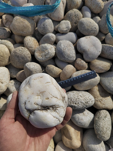 Kamenclub.ru: Галька речная окат (серо-белая) фр. 70-120 мм купить  в Новокузнецке галька галечник бело-серая, серо-белая, серая, белая речная природная галька  8000 руб/т   фото КАМЕНЬ КЛУБ